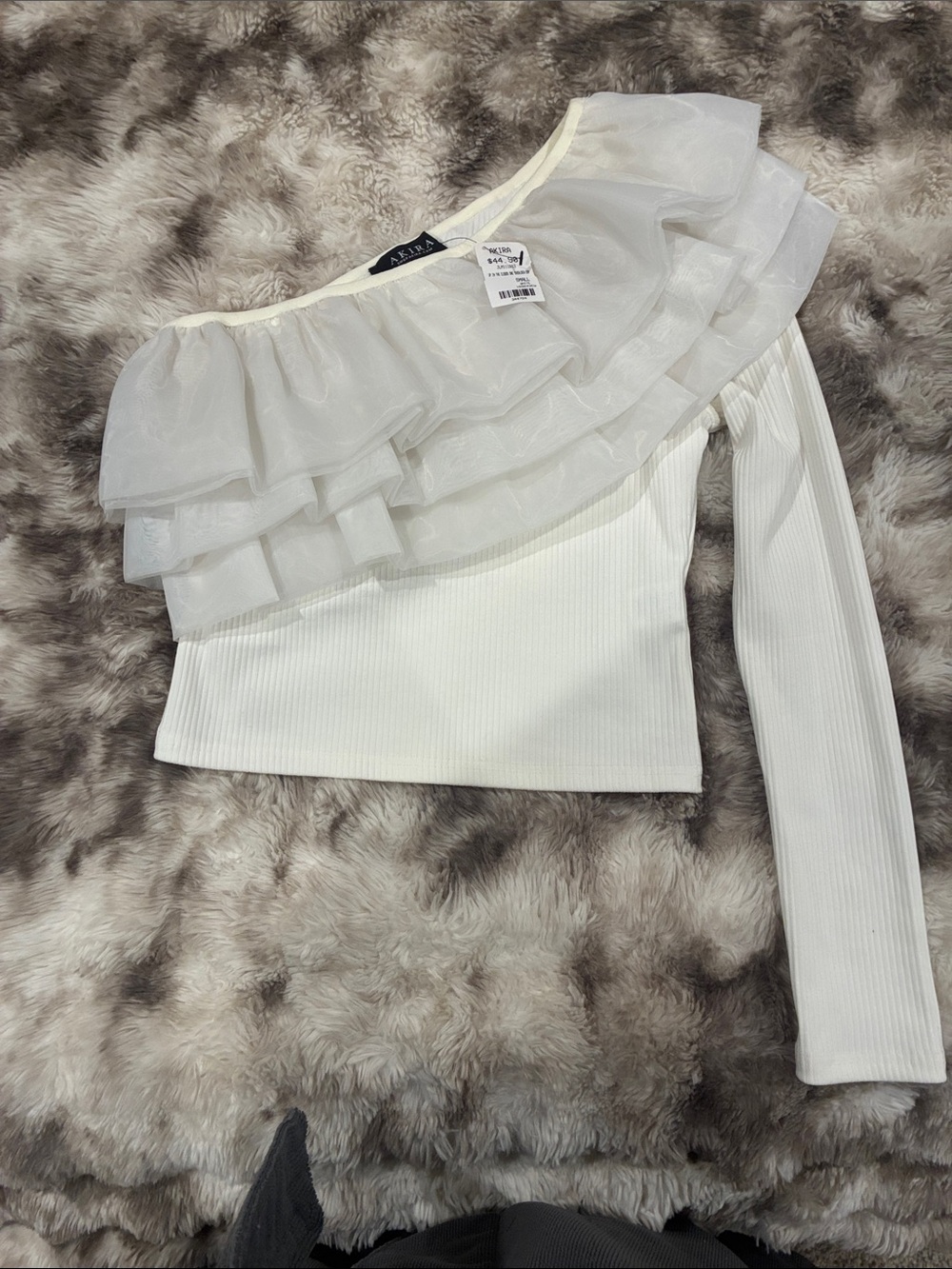 AKIRA White One-Shoulder Ruffle Ribbed Crop Top